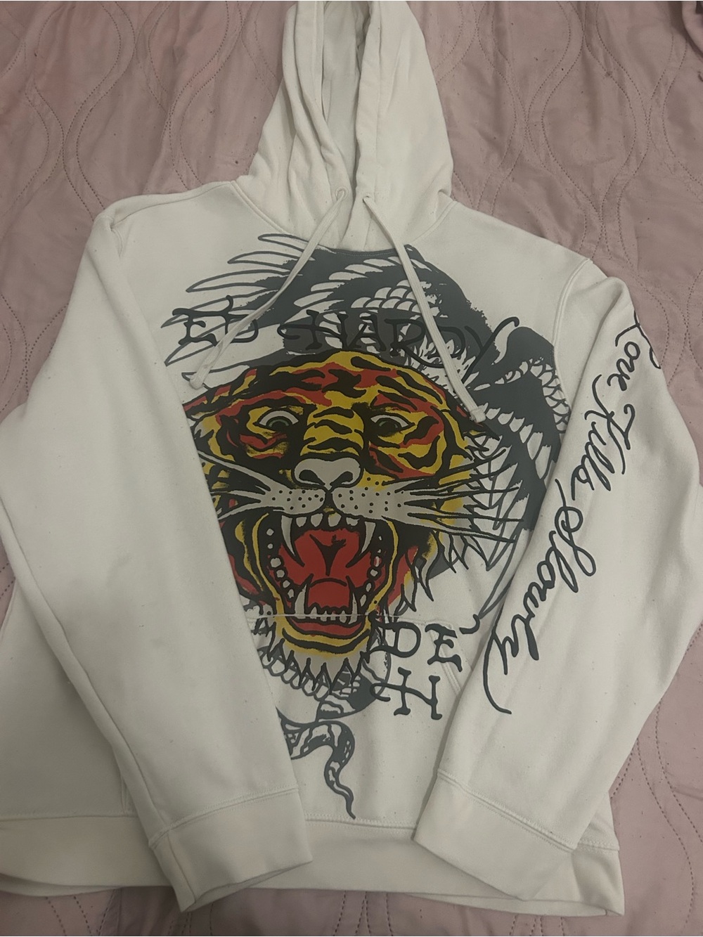 Ed Hardy White Hoodie with Multicolor Tiger Graphic